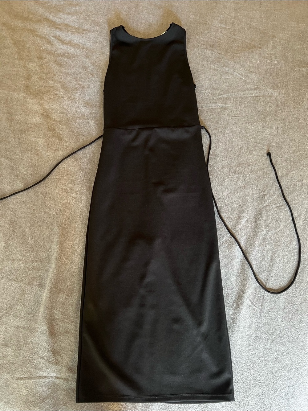 ZARA Black Sleeveless Midi Dress with Tied Waist and Sheer Mesh Back Detailing